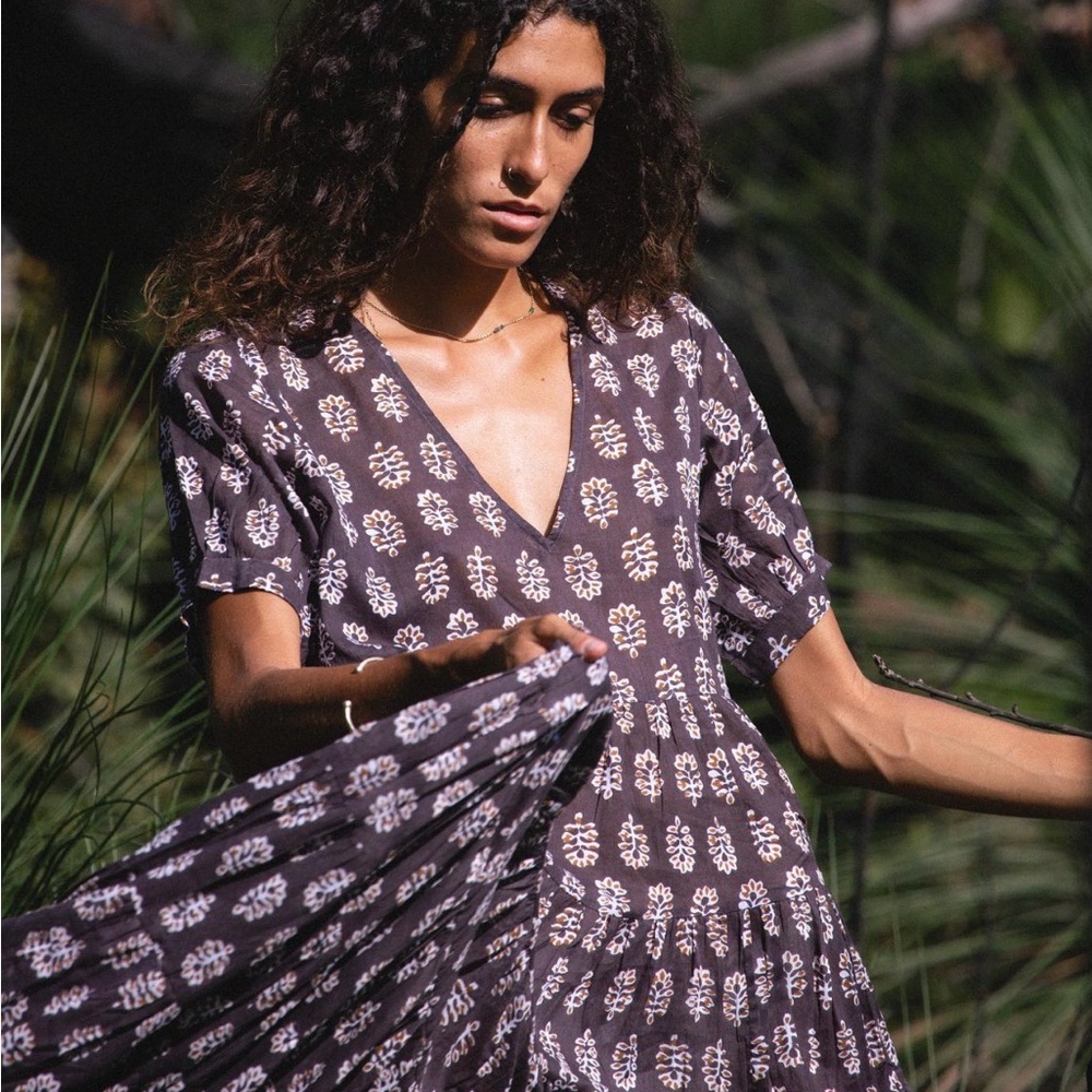 Daughters of India Charcoal Floral Midi Dress